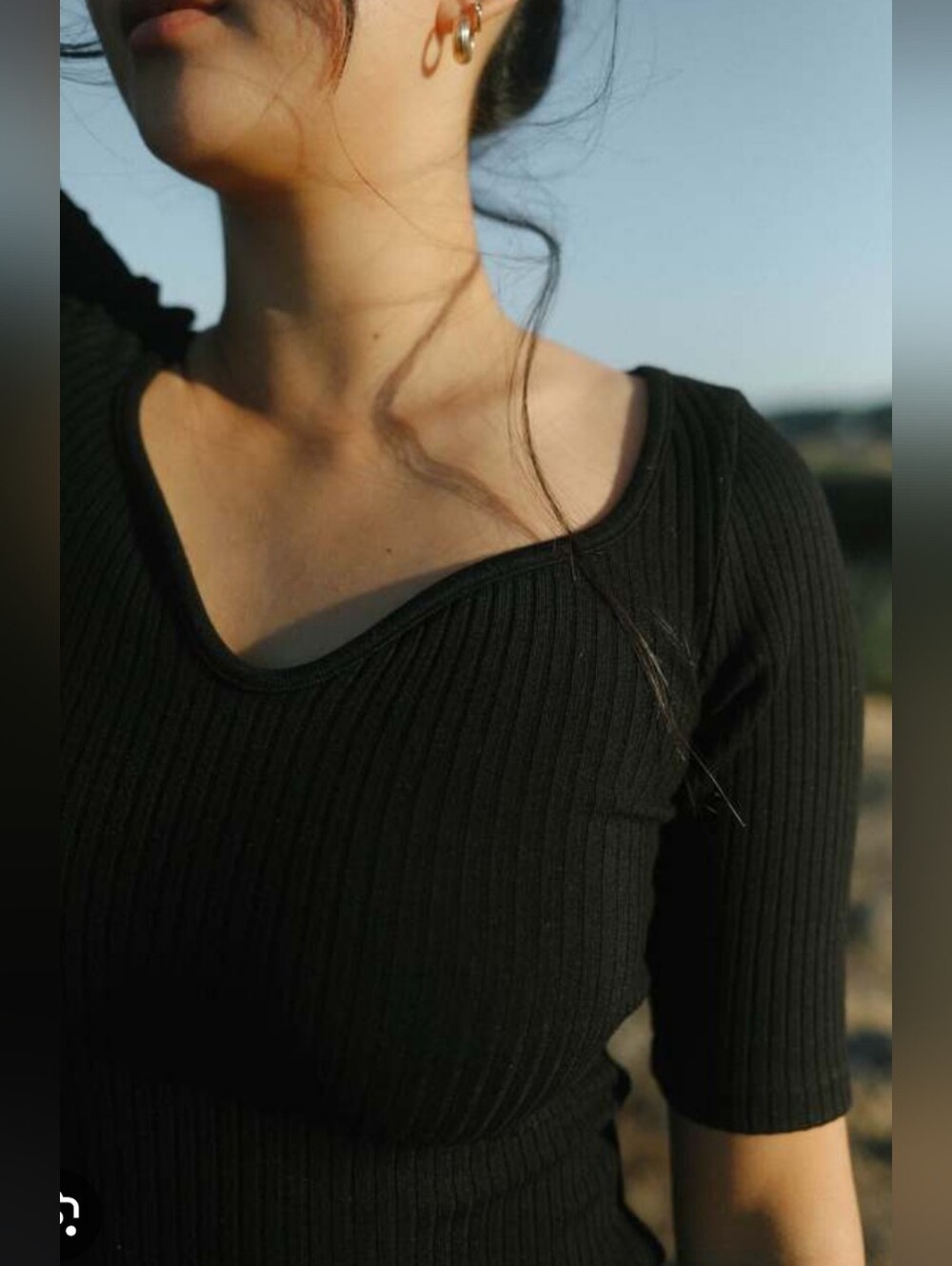 Citizen Of Humanity Black Ribbed Sweetheart Neck Elbow Sleeve Top - Picture 5 of 5